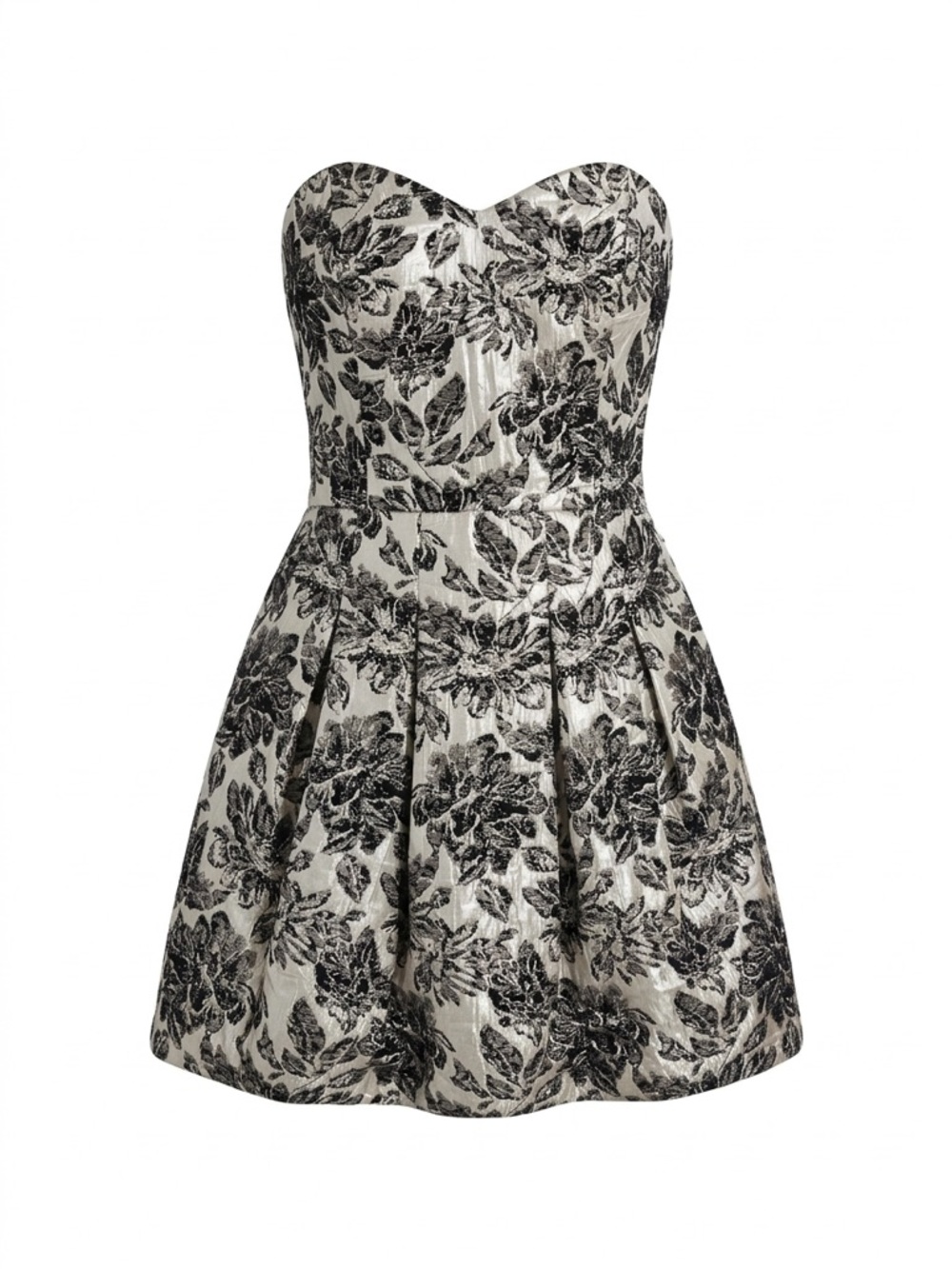 Rubber Ducky Couture Silver Black Floral Brocade Strapless Sweetheart Mini Dress
